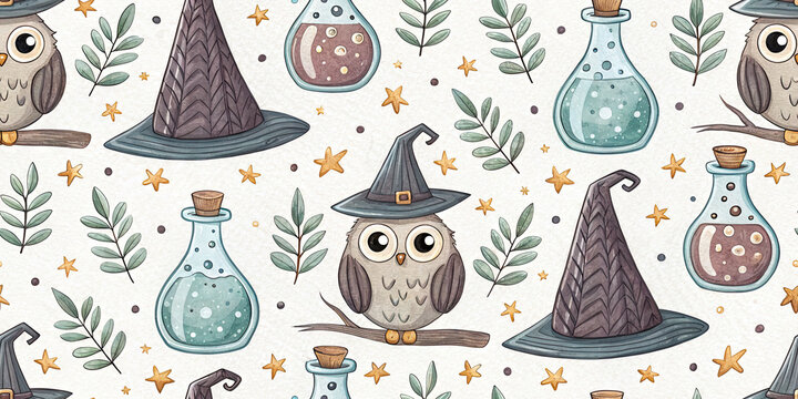 Charming Halloween pattern features adorable owls, witch hats, and potion bottles with stars and leaves