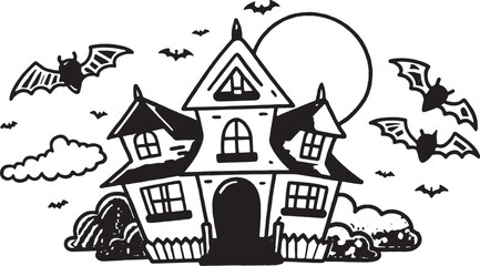 Fototapeta premium Black and white illustration of a haunted house with bats and clouds halloween night