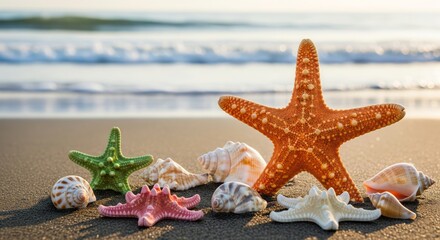 Beautiful collection of colorful starfish and seashells resting on the sandy beach with gentle ocean waves in the background during a serene sunset
