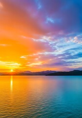 Naklejka premium Colorful sunset over the lake with reflections on the water surface