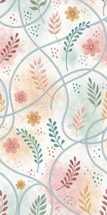 Charming floral pattern with delicate leaves and soft watercolor textures, perfect for decor.