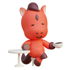 Fototapeta premium holding coffee cartoon style 2026 new year red horse character 3D graphic