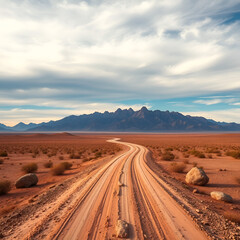 An expansive desert landscape featuring a winding dirt road leading towards majestic mountains under a serene sky, capturing the beauty of nature's harsh conditions.