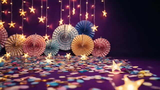 Festive backdrop featuring star string lights, colorful paper fans, and scattered confetti pieces