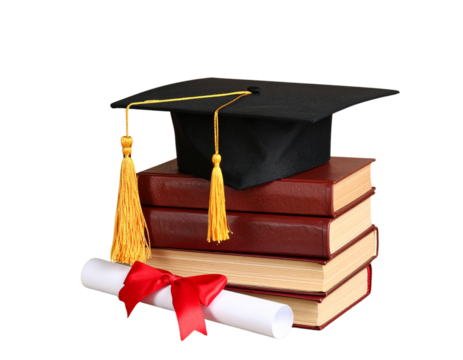 Graduation Cap Sitting on Stacked Books with Diploma Scroll Leaning, Side View, Realistic Style