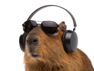 A capybara wearing sunglasses and headphones against a black and white background close up shot