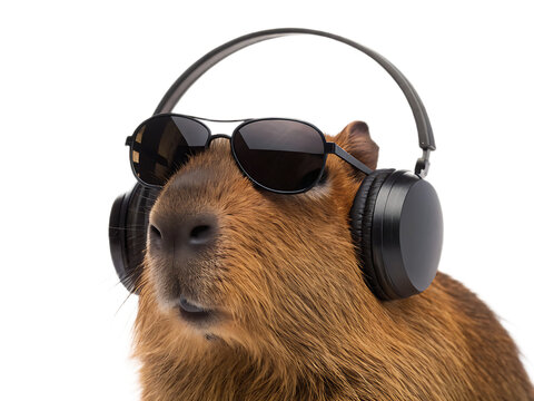 A capybara wearing sunglasses and headphones against a black and white background close up shot