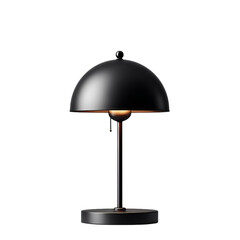 A modern black dome desk lamp with warm light, designed for indoor decor, featuring a minimalist metal structure and pull switch.