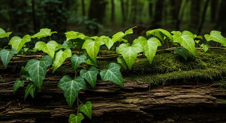 Lush green ivy vines gracefully climbing across a moss-covered fallen tree trunk in a lush forest setting with soft dappled sunlight illuminating the foliage