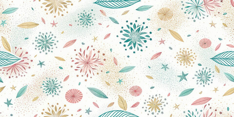 Vibrant floral and leaf pattern with scattered confetti for festive celebrations and design.
