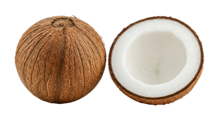 Whole and halved coconut against a black background