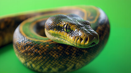 Fototapeta premium python snake coiled on green screen