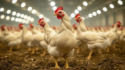 Fototapeta premium White Chickens in a Poultry Farm, Portrait of Livestock in Modern Facility