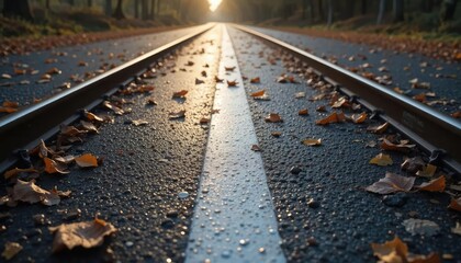 A white arrow painted on railway tracks, leading forward through autumn leaves.