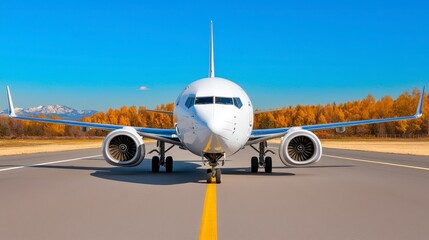 Naklejka premium White Passenger Airplane on Autumnal Runway