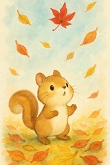 落ち葉を見上げるリスの秋イラスト（絵本風）