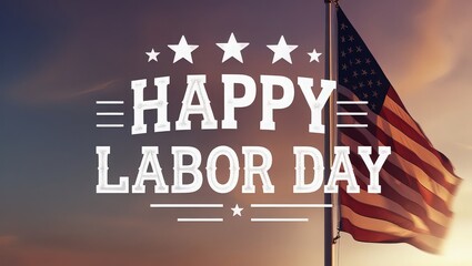 Happy labor day text with stars and stripes american flag waving in the wind against sky background
