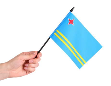  Small Hand-Held Aruba Flag on Stick, Tilted Perspective, Isolated PNG
