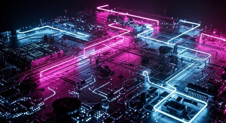 Fototapeta premium Intricate Network of Glowing Circuits and Data Pathways Illuminated by Cyberpunk Neon Lights on a Futuristic Motherboard