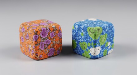 Two textured geometric blocks one orange with purple flowers and the other blue with green flowers against a light gray background