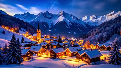 Snowy mountain village night scenic beauty - Powered by Adobe