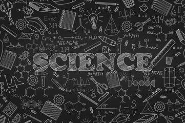 School-themed background. Science surrounded by drawings of molecules, formulas, laboratory equipment, chemical compounds, graphs, and mathematical elements. Scientific illustration