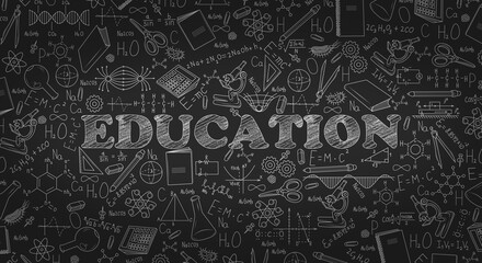 School-themed background. Education is surrounded by drawings of molecules, formulas, laboratory equipment, chemical compounds, graphs, and mathematical elements. Scientific illustration