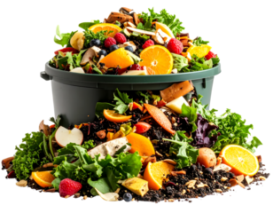 A dark green compost bin overflows with a vibrant mix of fruit, vegetable, and berry scraps, ready for composting isolated on transparent background.