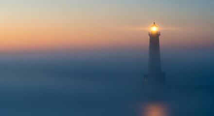 Fototapeta premium A solitary lighthouse stands as a beacon of hope piercing through the dense morning fog guiding ships safely to shore