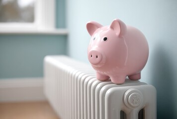 A pink piggy bank sits atop a white radiator, symbolizing saving money on heating costs and energy efficiency in a cozy home.