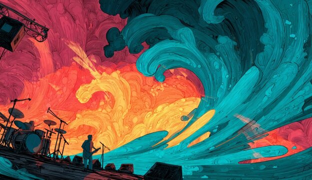 Musical Tempest Unleashed: A silhouette of musician stands before a stage as a wave of musical energy crashes, evoking raw power and artistic expression. 