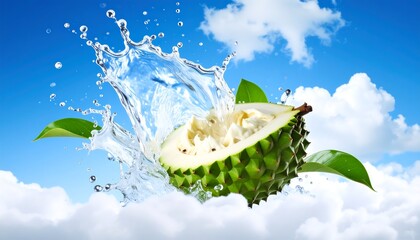 Refreshing soursop splashing into clear water against a vibrant blue sky with fluffy clouds