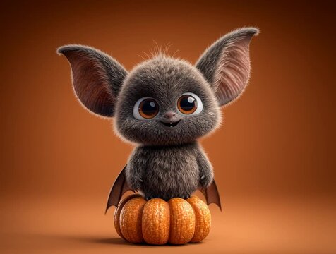 Playful Cute Baby Bat sitting on pumpkin in simple brown backgro