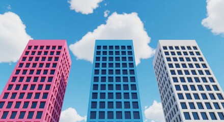 Obraz premium Three colorful skyscrapers stand tall under a bright blue sky filled with fluffy white clouds a modern urban landscape featuring distinct architectural styles