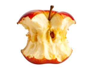 Close-up view of an apple core, showing the remnants of a red and yellow fruit isolated on transparent background.