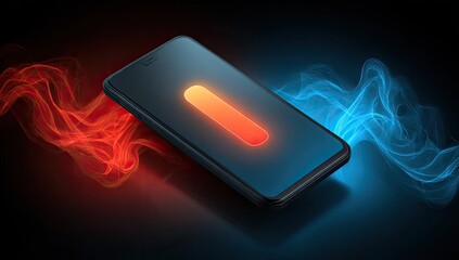 Dark smartphone with glowing orange element, surrounded by swirling red and blue smoke