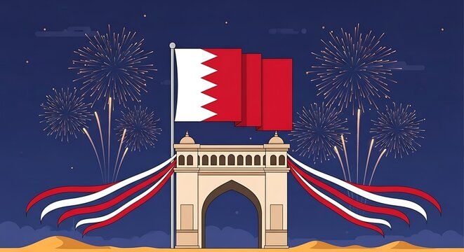 Bahrain National Day Celebration: Fireworks, Flag, and Archway