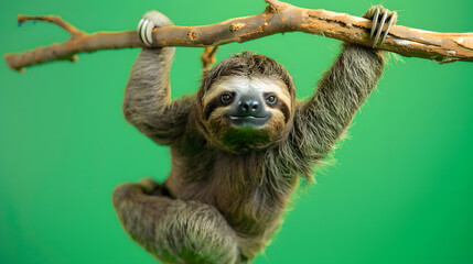 Fototapeta premium sloth hanging from branch isolated on green screen