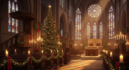 Obraz premium A Beautifully Decorated Christmas Tree and Candles Illuminating the Interior of a Grand Cathedral with Stained Glass Windows Radiating Warm Sunlight Creating a Peaceful Festive Atmosphere