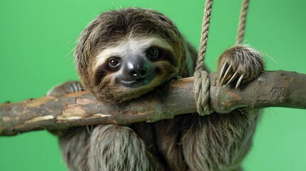 Fototapeta premium sloth hanging from branch isolated on green screen