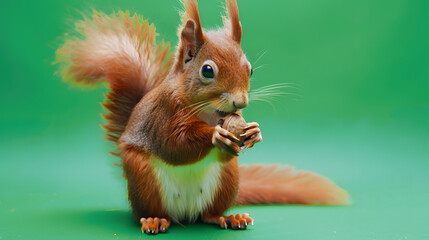 squirrel holding nut fluffy tail sit on green screen