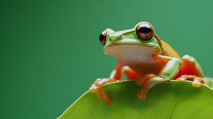 Naklejka premium tropical tree frog sitting on leaf on green screen
