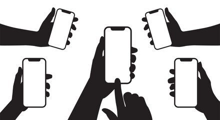 Silhouette of different hands holding phone isolated on a white background. Set of hand holding phone 