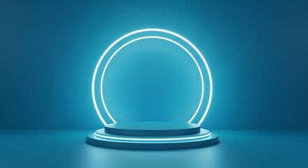 Futuristic Minimalist Blue Podium with Glowing Neon Ring – 3D Render
