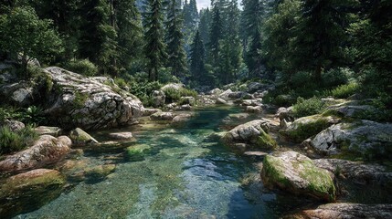 Tranquil stream flows through a lush forest with mossy rocks, sunlight dappling water