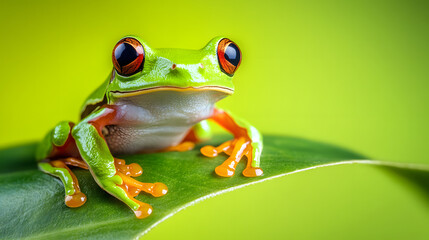tropical tree frog sitting on leaf on green screen
