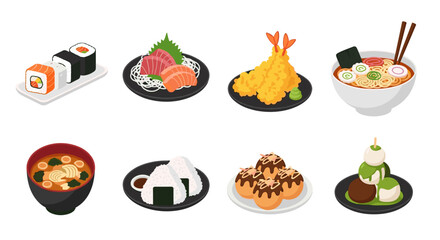 A collection of japanese cuisine including sushi, sashimi, tempura, ramen, miso soup, and mochi balls