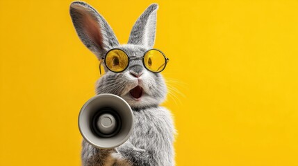 A surprised bunny wearing yellow-tinted glasses holds a megaphone, ready to announce something important against a vibrant yellow background.