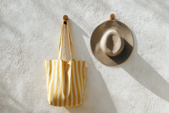 A yellow and white striped tote bag and a light brown hat hang from a white wall. Sunlight casts soft shadows