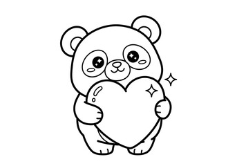 Fototapeta premium Panda illustration coloring page. Adorable cartoon panda bear gently cradling a large heart, radiating love and affection.